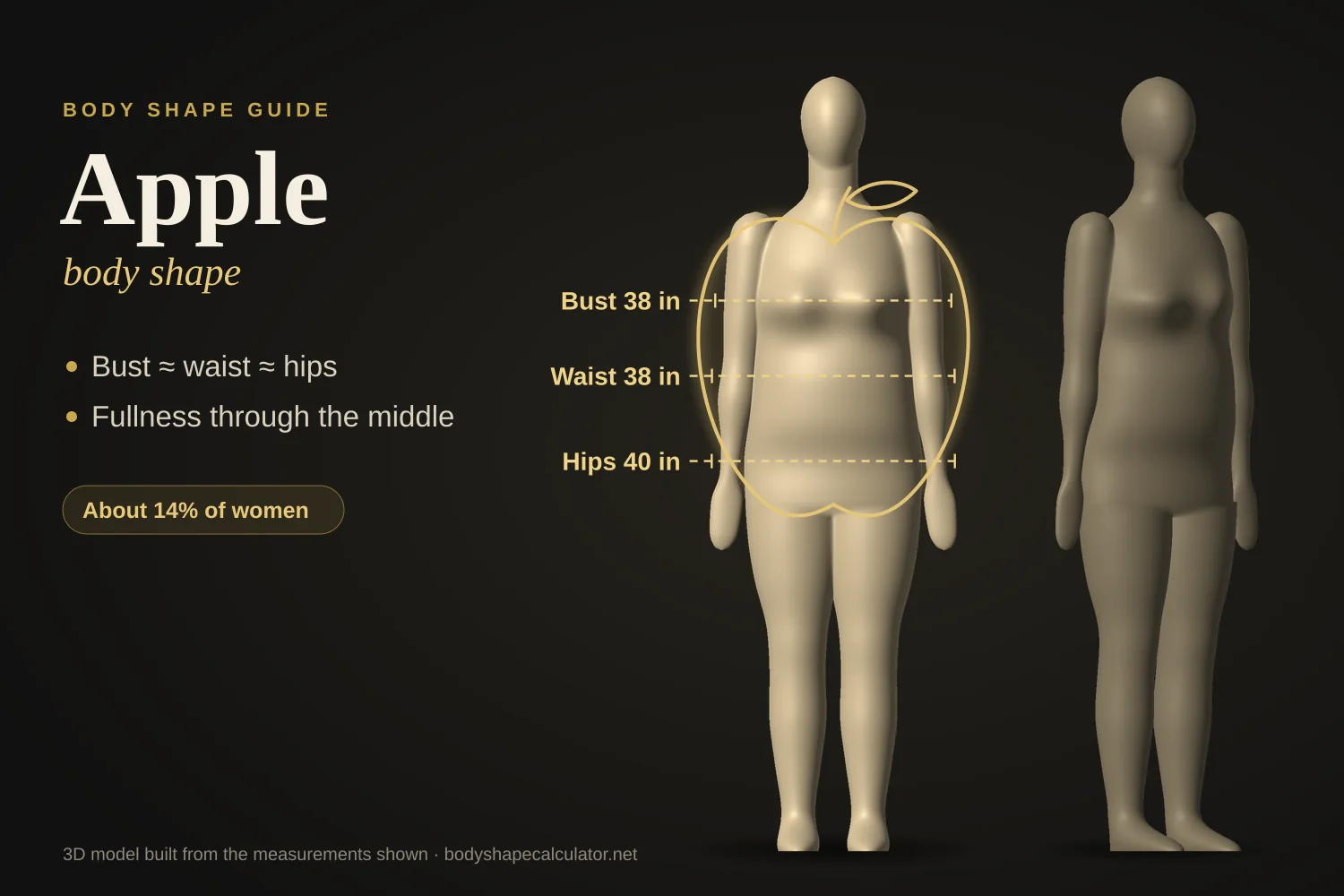 3D apple body shape: a front-view body with 38 in bust, 38 in waist and 40 in hips, traced by an apple outline that is fullest through the middle, next to a three-quarter view
