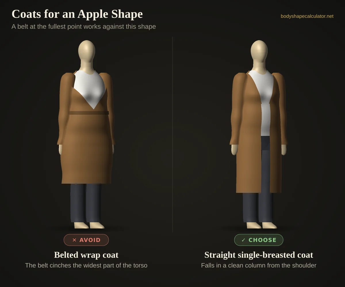 3D comparison of coats on an apple body shape — avoid: belted wrap coat (the belt cinches the widest part of the torso); choose: straight single-breasted coat (falls in a clean column from the shoulder)
