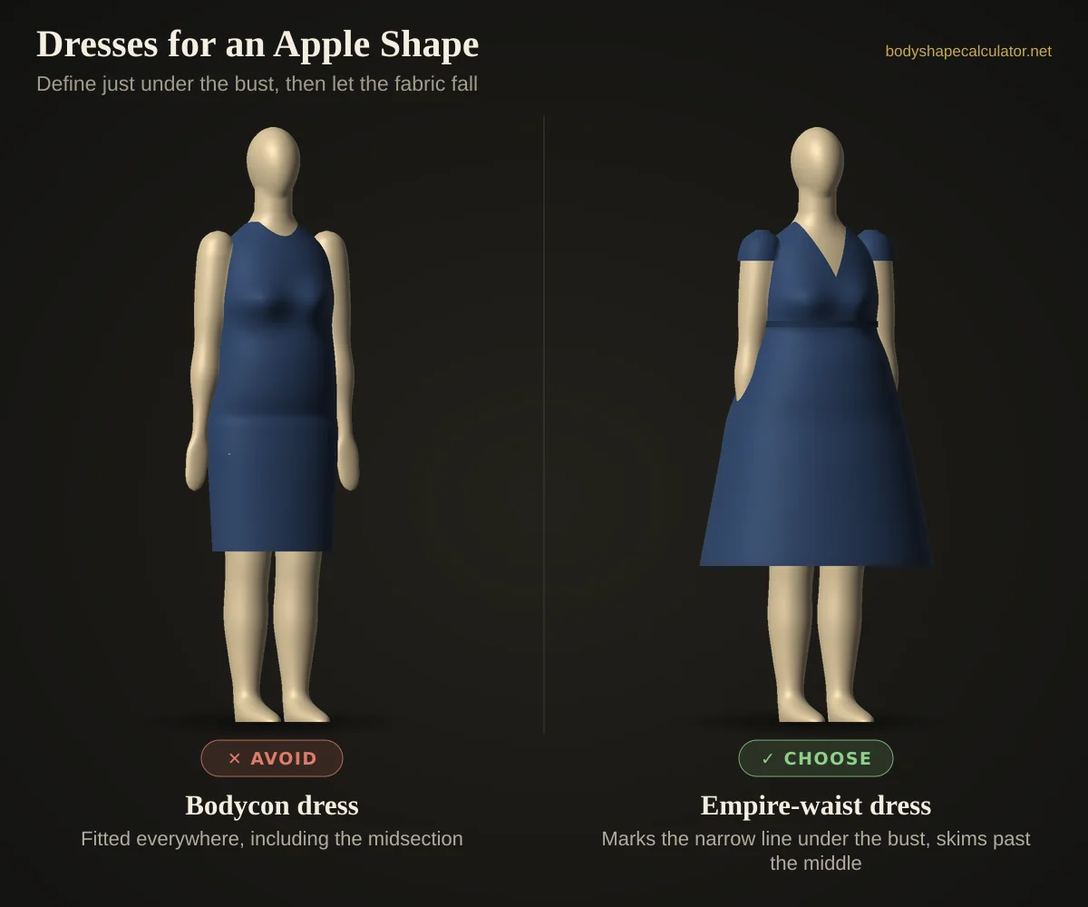 3D comparison of dresses on an apple body shape — avoid: bodycon dress (fitted everywhere, including the midsection); choose: empire-waist dress (marks the narrow line under the bust, skims past the middle)