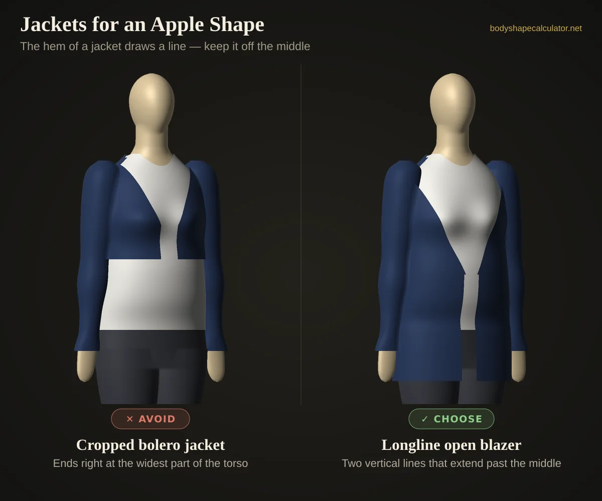 3D comparison of jackets on an apple body shape — avoid: cropped bolero jacket (ends right at the widest part of the torso); choose: longline open blazer (two vertical lines that extend past the middle)