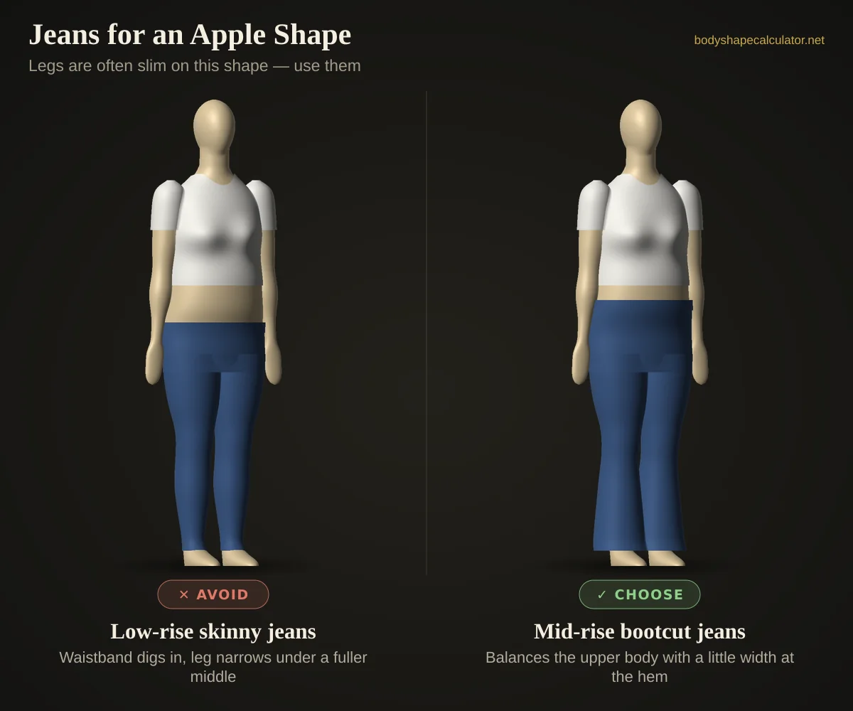 3D comparison of jeans on an apple body shape — avoid: low-rise skinny jeans (waistband digs in, leg narrows under a fuller middle); choose: mid-rise bootcut jeans (balances the upper body with a little width at the hem)