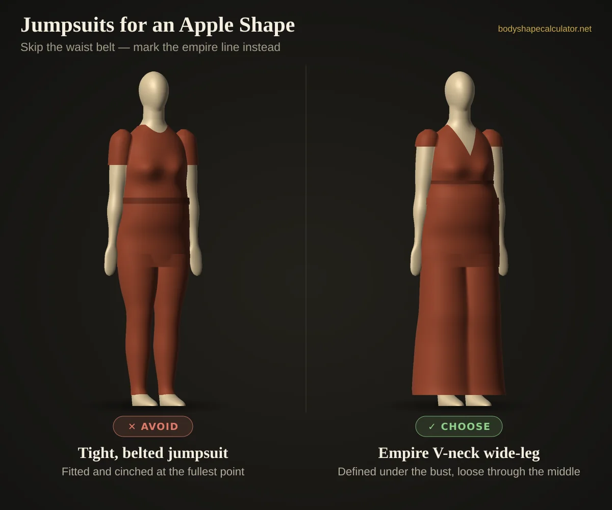 3D comparison of jumpsuits on an apple body shape — avoid: tight, belted jumpsuit (fitted and cinched at the fullest point); choose: empire v-neck wide-leg (defined under the bust, loose through the middle)