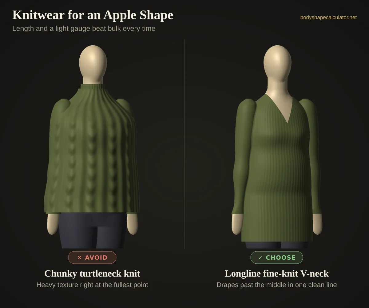 3D comparison of knitwear on an apple body shape — avoid: chunky turtleneck knit (heavy texture right at the fullest point); choose: longline fine-knit v-neck (drapes past the middle in one clean line)