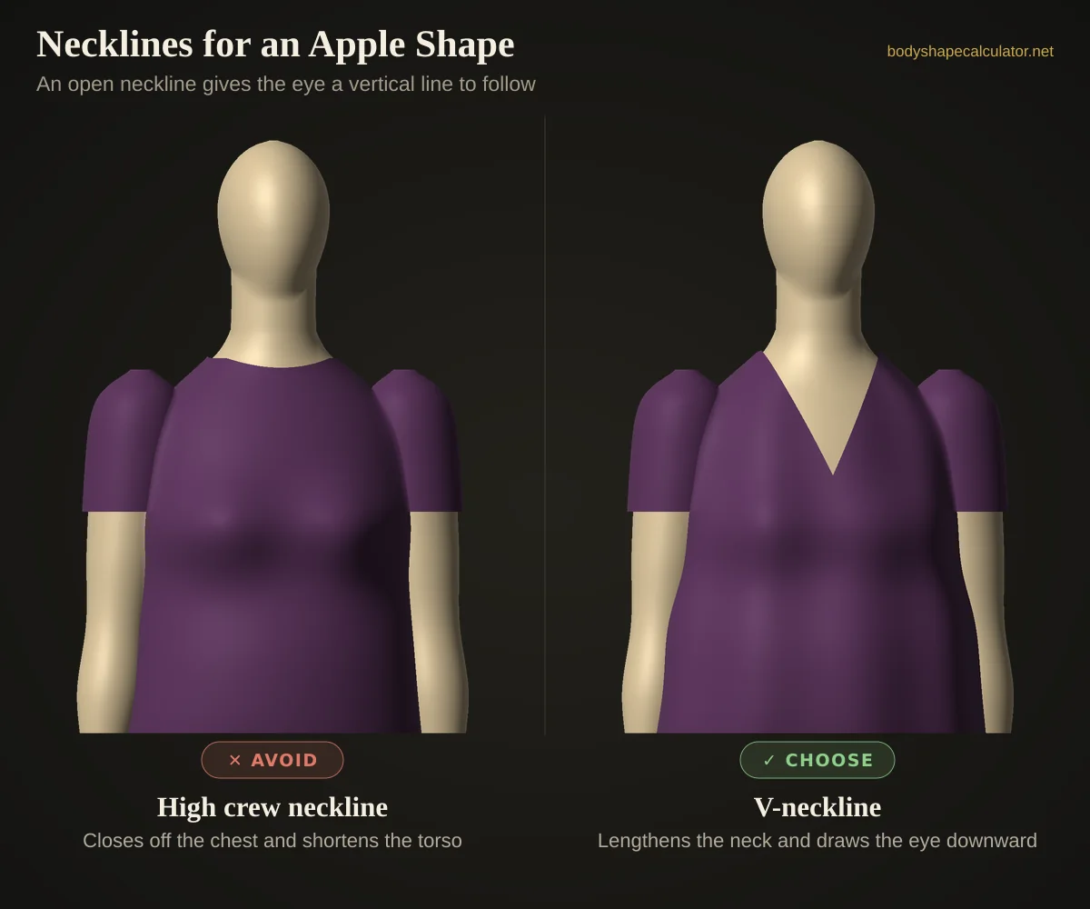 3D comparison of necklines on an apple body shape — avoid: high crew neckline (closes off the chest and shortens the torso); choose: v-neckline (lengthens the neck and draws the eye downward)