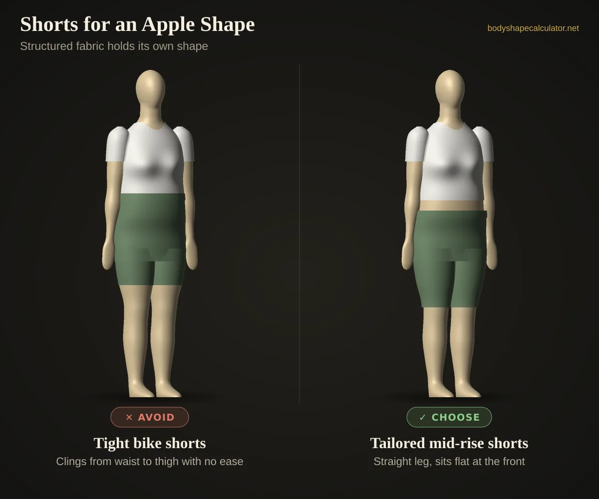 3D comparison of shorts on an apple body shape — avoid: tight bike shorts (clings from waist to thigh with no ease); choose: tailored mid-rise shorts (straight leg, sits flat at the front)