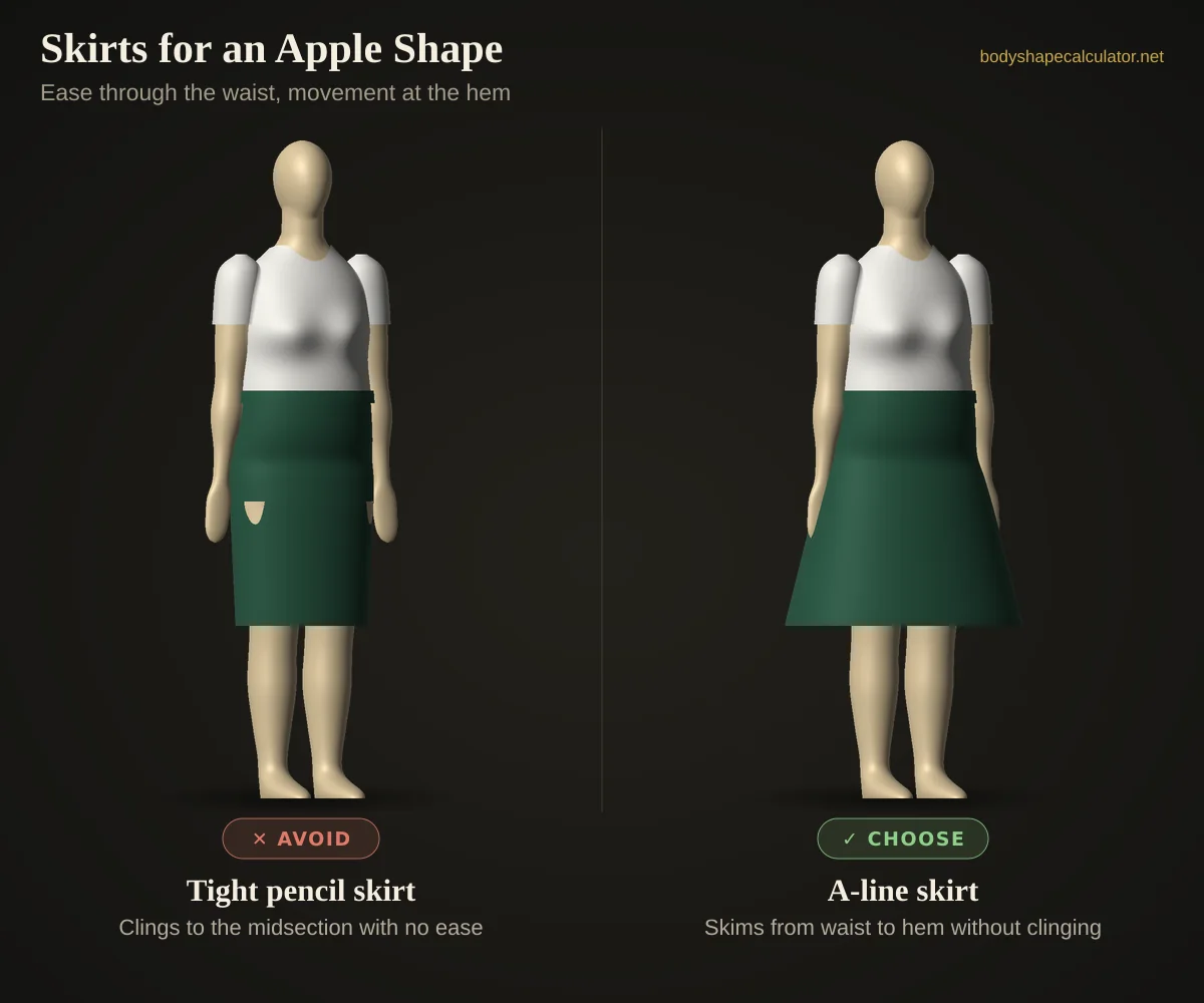 3D comparison of skirts on an apple body shape — avoid: tight pencil skirt (clings to the midsection with no ease); choose: a-line skirt (skims from waist to hem without clinging)
