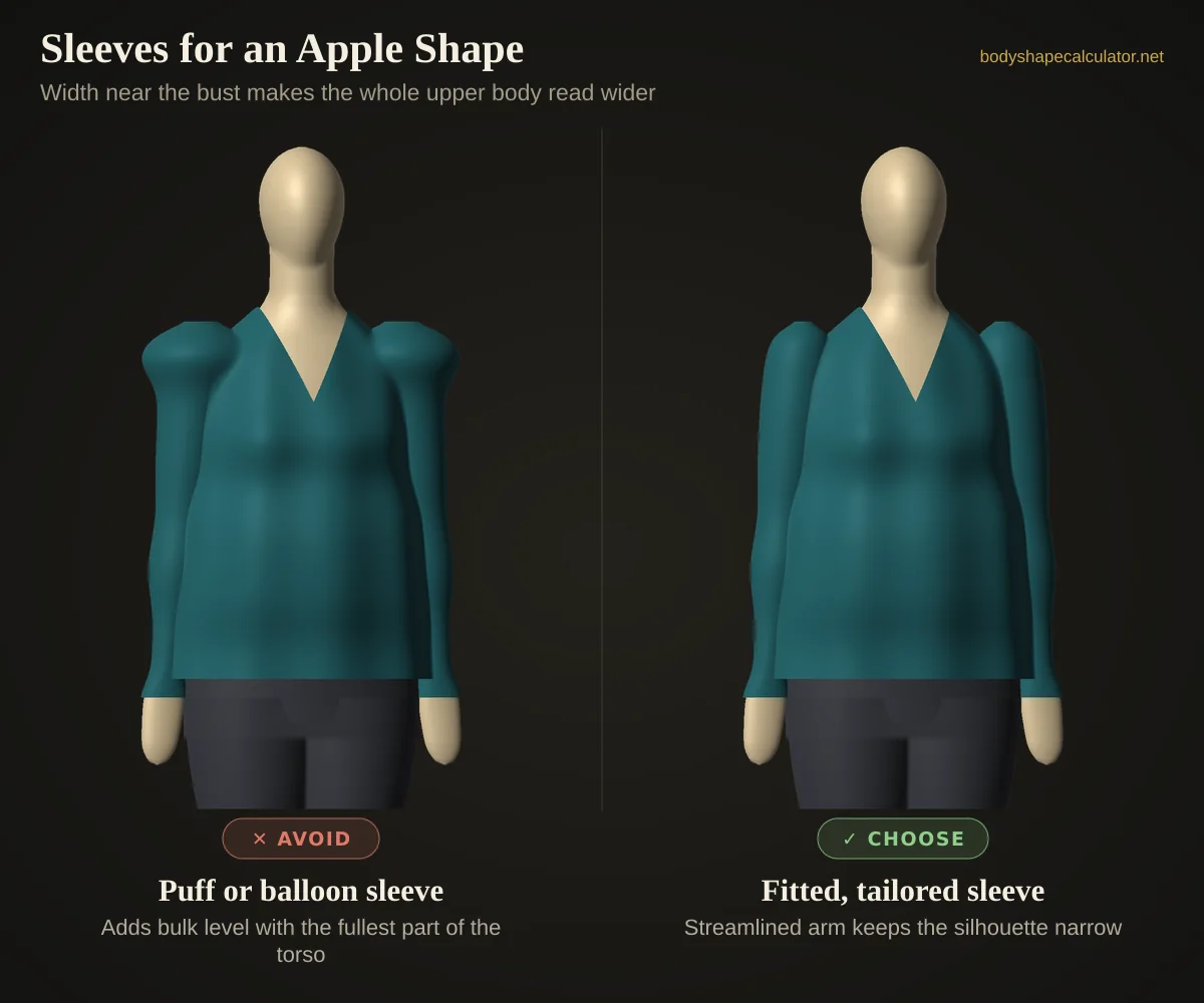 3D comparison of sleeves on an apple body shape — avoid: puff or balloon sleeve (adds bulk level with the fullest part of the torso); choose: fitted, tailored sleeve (streamlined arm keeps the silhouette narrow)