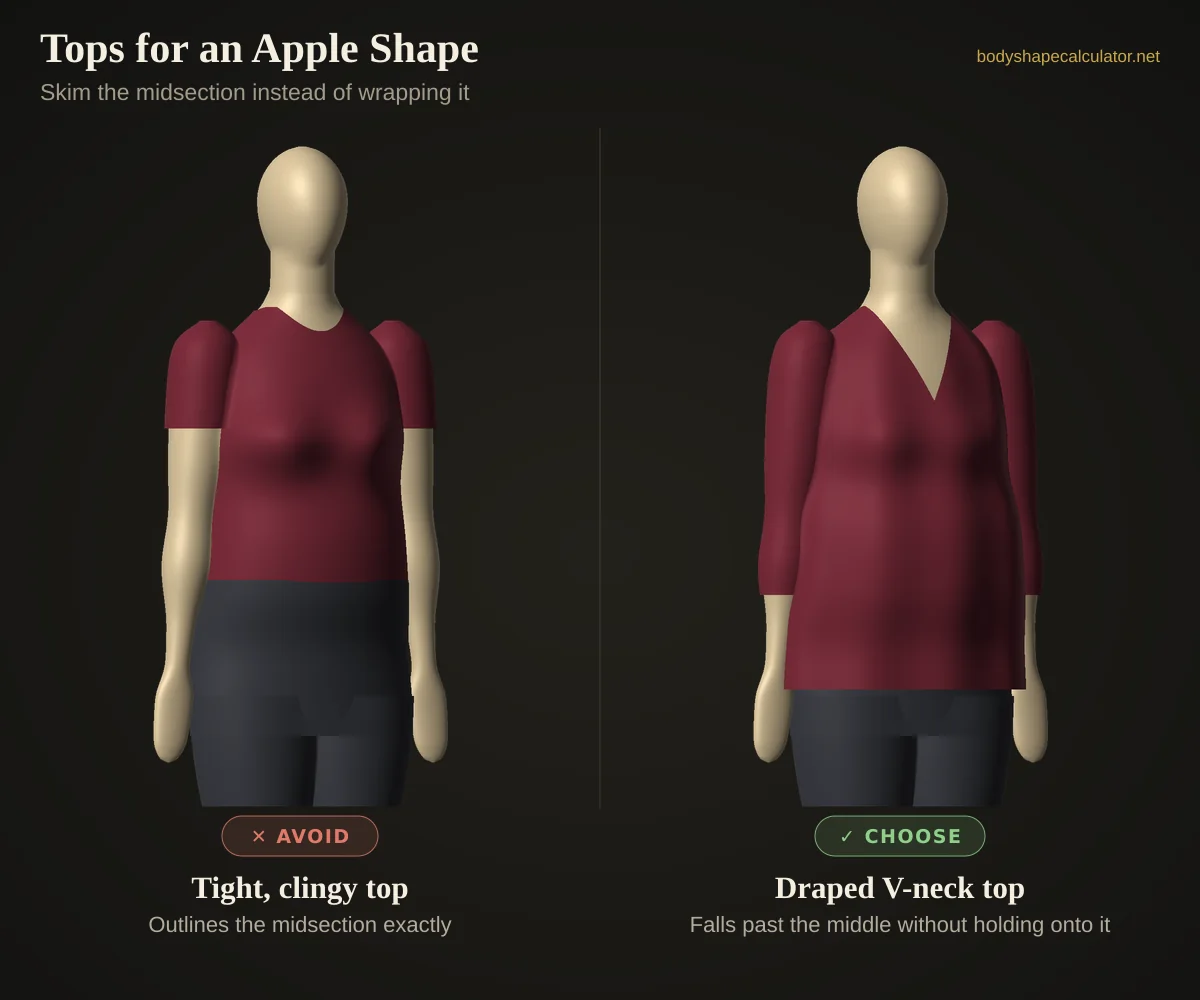 3D comparison of tops on an apple body shape — avoid: tight, clingy top (outlines the midsection exactly); choose: draped v-neck top (falls past the middle without holding onto it)