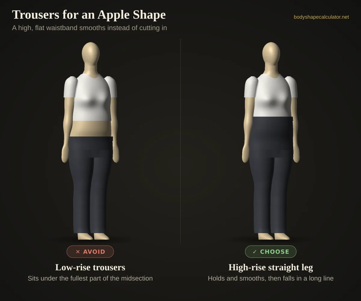 3D comparison of trousers on an apple body shape — avoid: low-rise trousers (sits under the fullest part of the midsection); choose: high-rise straight leg (holds and smooths, then falls in a long line)