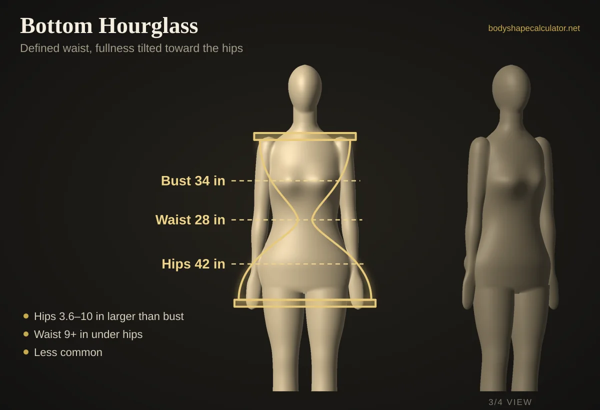 3D bottom hourglass body shape with 34 in bust, 28 in waist and 42 in hips, traced by an hourglass outline that is wider at the bottom
