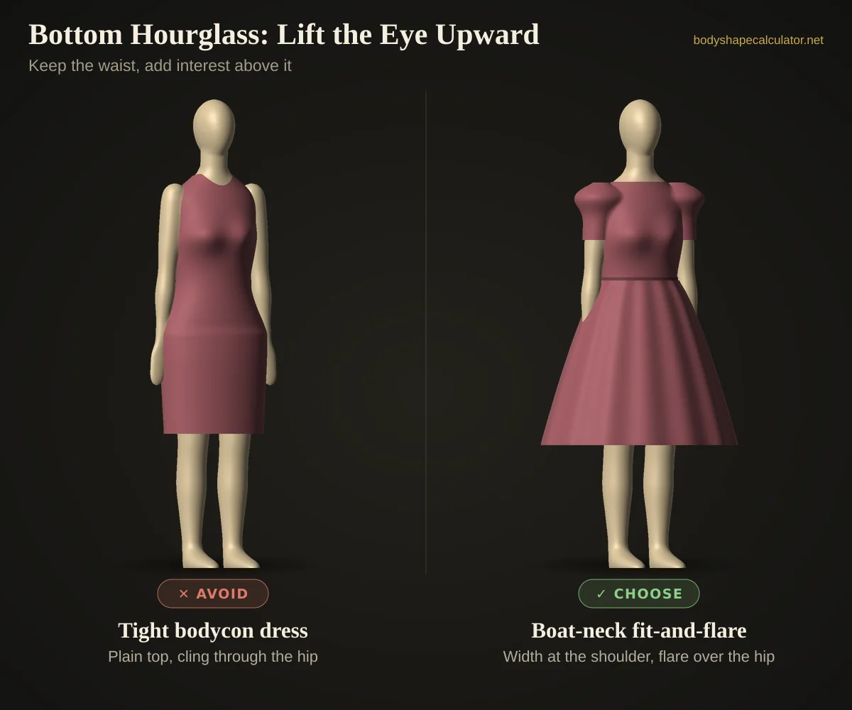 3D styling comparison for a bottom hourglass shape — avoid: tight bodycon dress; choose: boat-neck fit-and-flare dress with puff sleeves