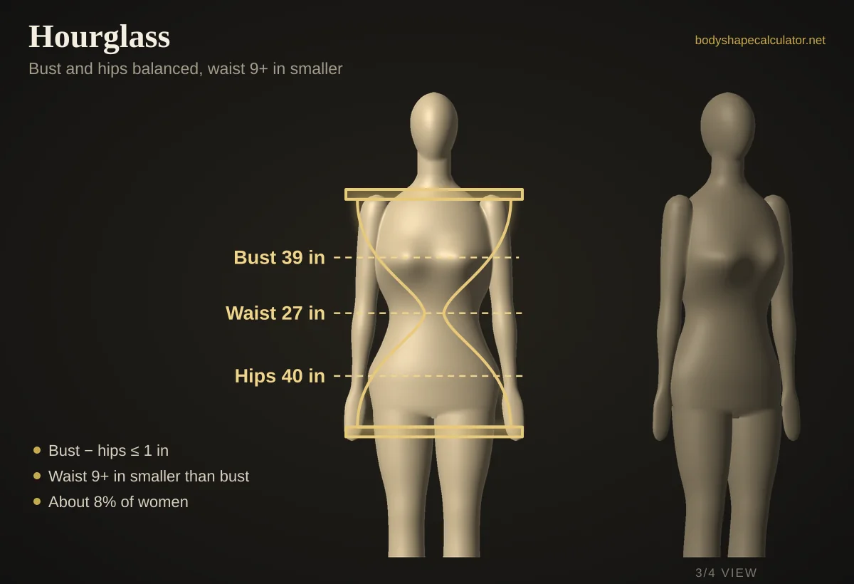 3D hourglass body shape, front and three-quarter view, with 39 in bust, 27 in waist and 40 in hips traced by an hourglass outline