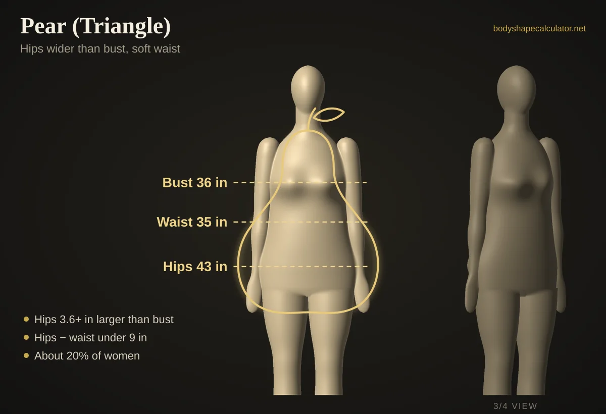 3D pear body shape with 36 in bust, 35 in waist and 43 in hips, traced by a pear outline