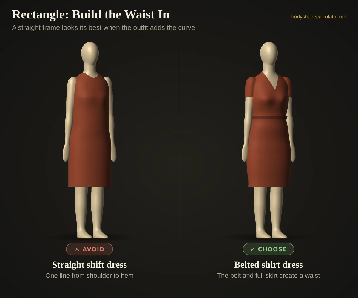 3D styling comparison for a rectangle shape — avoid: straight shift dress; choose: belted shirt dress
