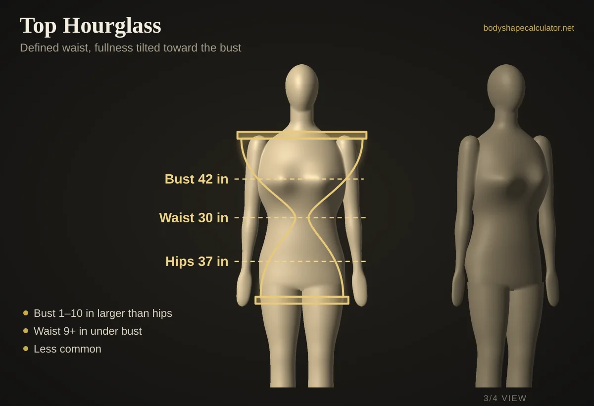 3D top hourglass body shape with 42 in bust, 30 in waist and 37 in hips, traced by an hourglass outline that is wider at the top