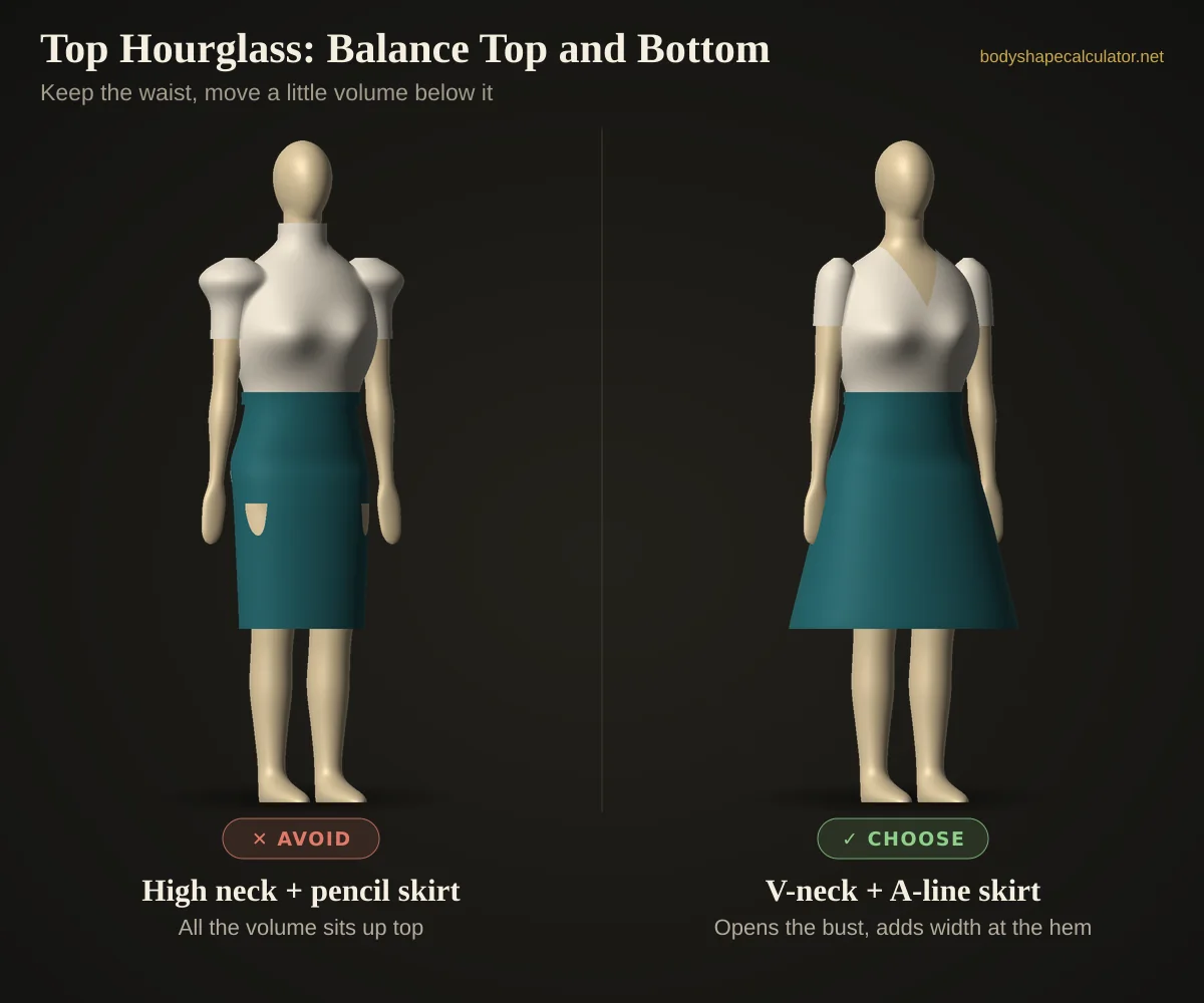 3D styling comparison for a top hourglass shape — avoid: high neck with a tight pencil skirt; choose: V-neck top with an A-line skirt
