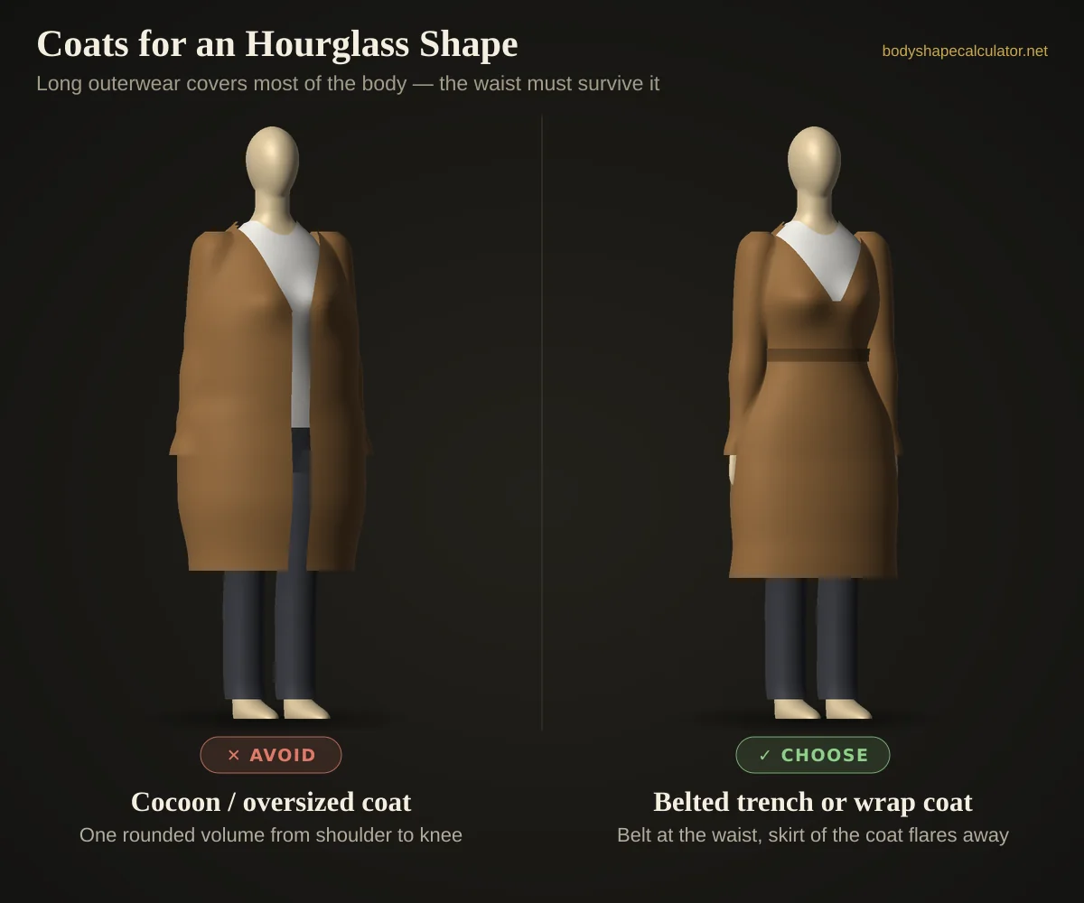 3D comparison of coats on an hourglass body shape — avoid: cocoon / oversized coat (one rounded volume from shoulder to knee); choose: belted trench or wrap coat (belt at the waist, skirt of the coat flares away)