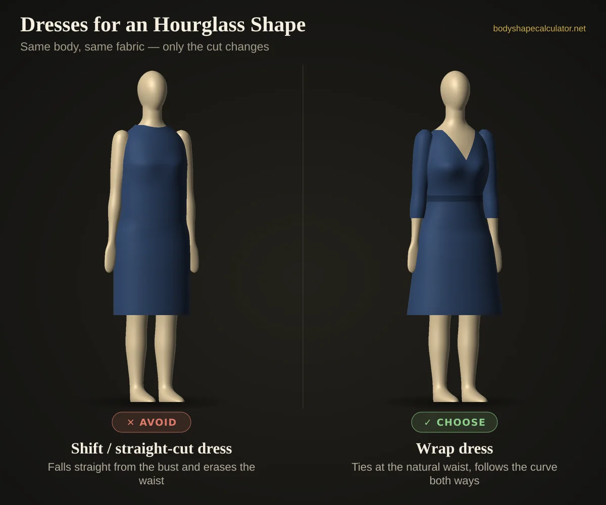3D comparison of dresses on an hourglass body shape — avoid: shift / straight-cut dress (falls straight from the bust and erases the waist); choose: wrap dress (ties at the natural waist, follows the curve both ways)