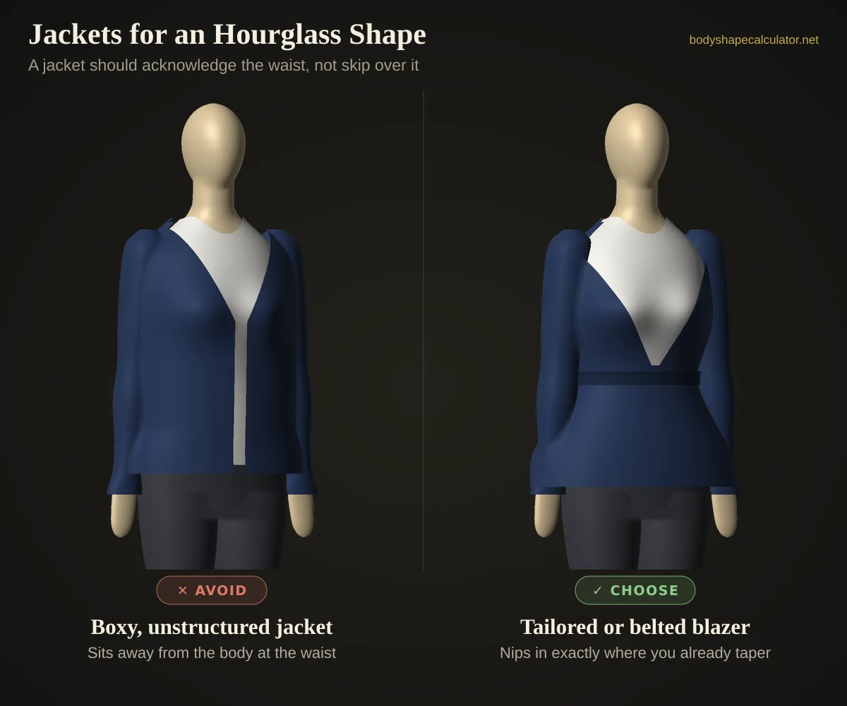 3D comparison of jackets on an hourglass body shape — avoid: boxy, unstructured jacket (sits away from the body at the waist); choose: tailored or belted blazer (nips in exactly where you already taper)