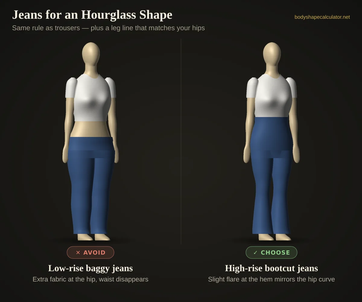 3D comparison of jeans on an hourglass body shape — avoid: low-rise baggy jeans (extra fabric at the hip, waist disappears); choose: high-rise bootcut jeans (slight flare at the hem mirrors the hip curve)