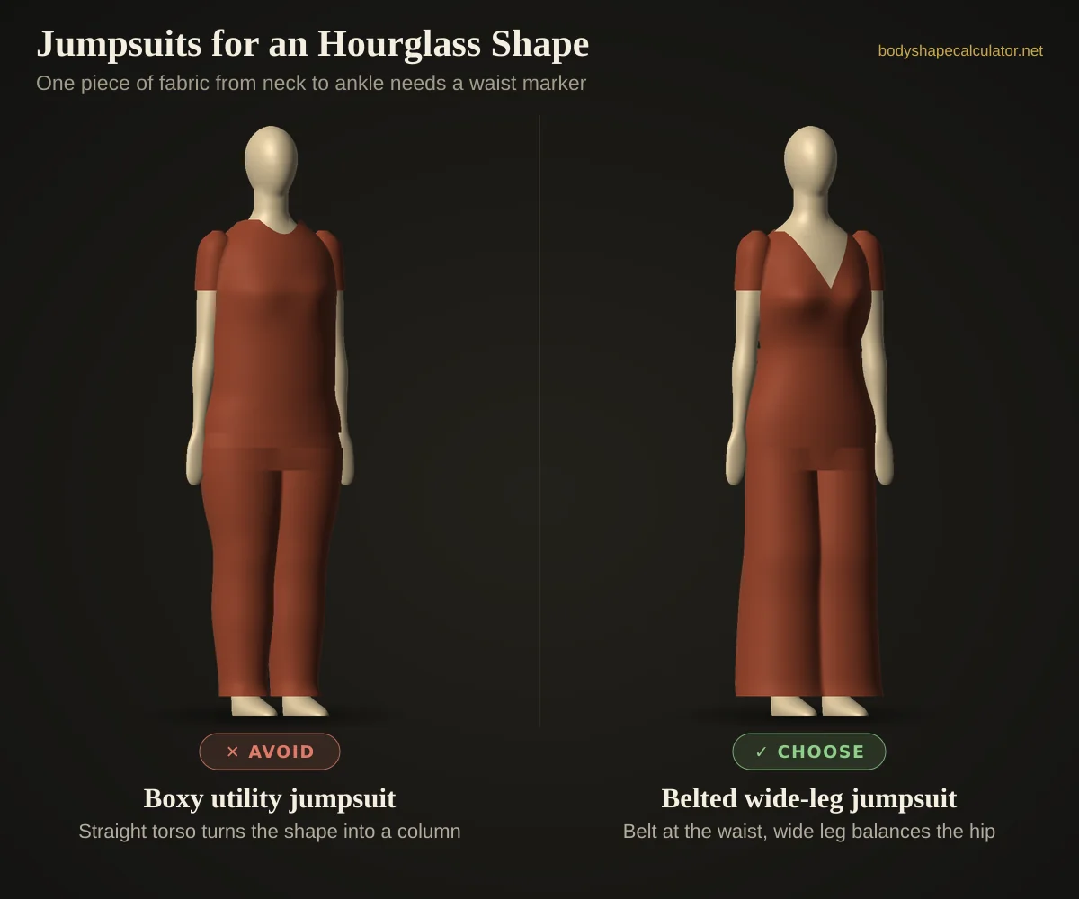 3D comparison of jumpsuits on a hourglass body shape — avoid: boxy utility jumpsuit (straight torso turns the shape into a column); choose: belted wide-leg jumpsuit (belt at the waist, wide leg balances the hip)