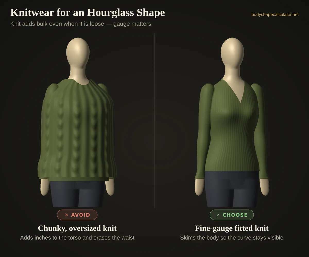 3D comparison of knitwear on an hourglass body shape — avoid: chunky, oversized knit (adds inches to the torso and erases the waist); choose: fine-gauge fitted knit (skims the body so the curve stays visible)