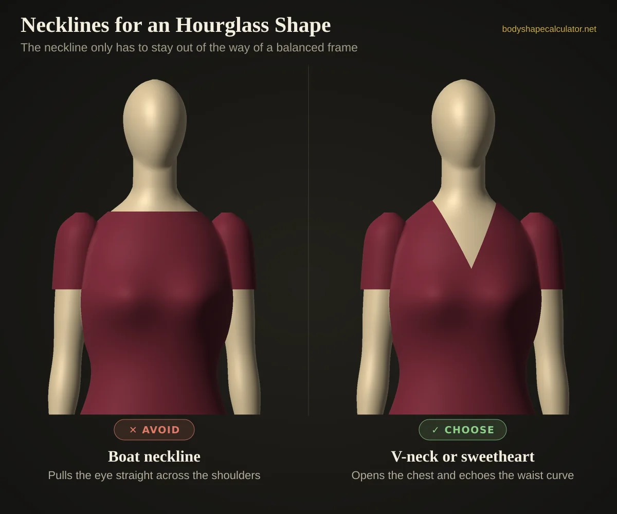 3D comparison of necklines on an hourglass body shape — avoid: boat neckline (pulls the eye straight across the shoulders); choose: v-neck or sweetheart (opens the chest and echoes the waist curve)