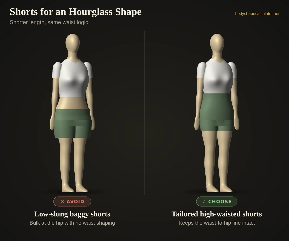 3D comparison of shorts on an hourglass body shape — avoid: low-slung baggy shorts (bulk at the hip with no waist shaping); choose: tailored high-waisted shorts (keeps the waist-to-hip line intact)