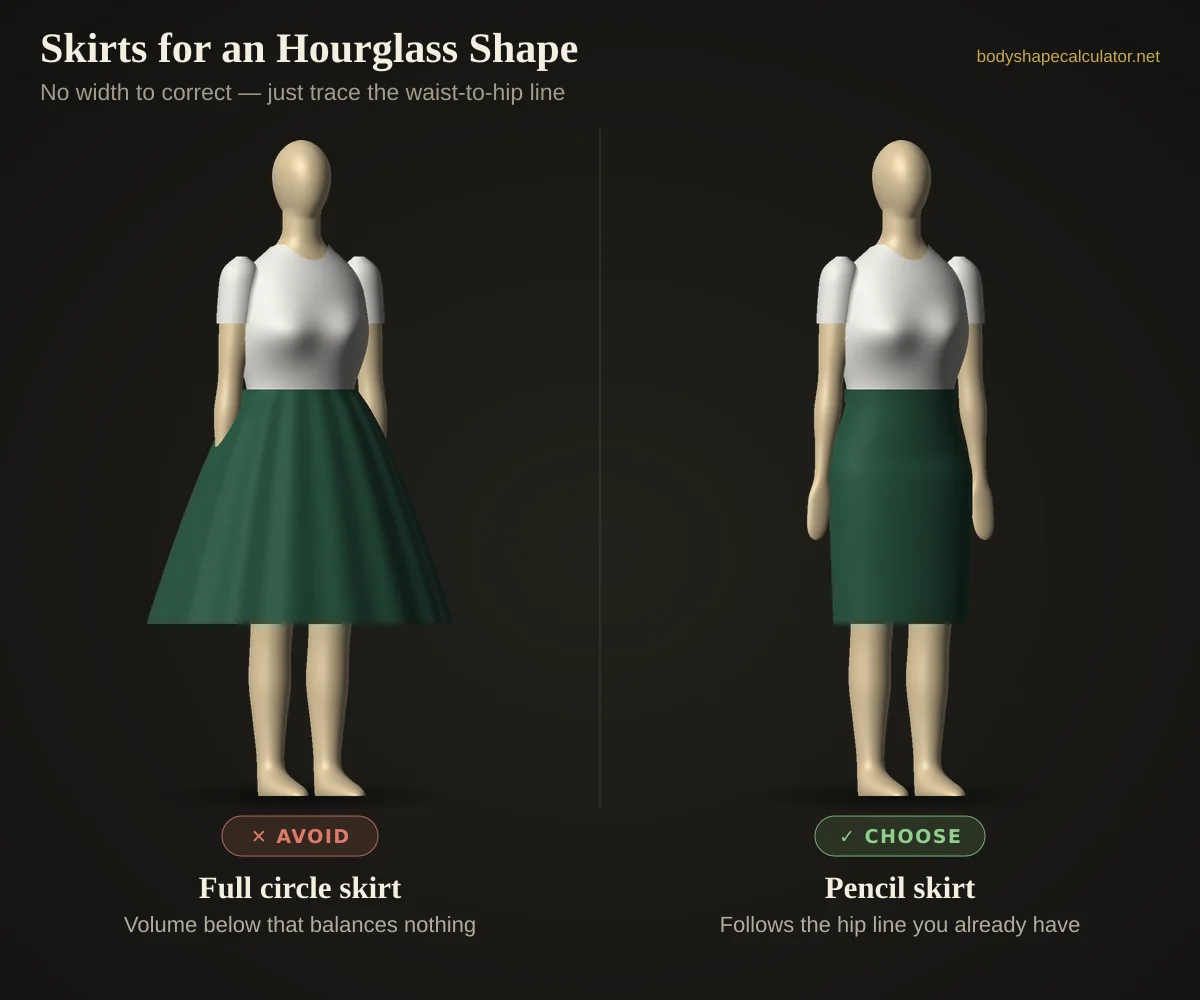 3D comparison of skirts on an hourglass body shape — avoid: full circle skirt (volume below that balances nothing); choose: pencil skirt (follows the hip line you already have)