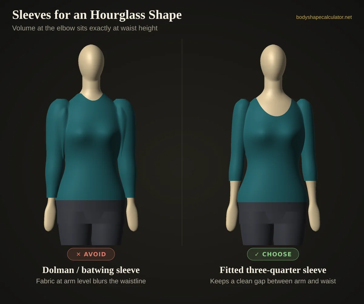 3D comparison of sleeves on an hourglass body shape — avoid: dolman / batwing sleeve (fabric at arm level blurs the waistline); choose: fitted three-quarter sleeve (keeps a clean gap between arm and waist)