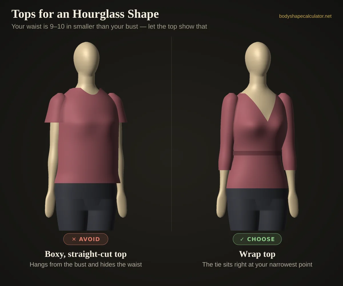 3D comparison of tops on an hourglass body shape — avoid: boxy, straight-cut top (hangs from the bust and hides the waist); choose: wrap top (the tie sits right at your narrowest point)