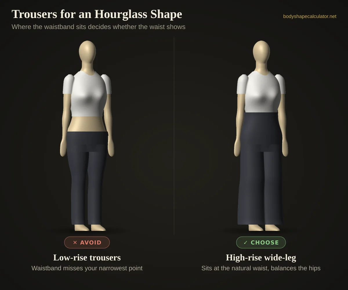3D comparison of trousers on an hourglass body shape — avoid: low-rise trousers (waistband misses your narrowest point); choose: high-rise wide-leg (sits at the natural waist, balances the hips)