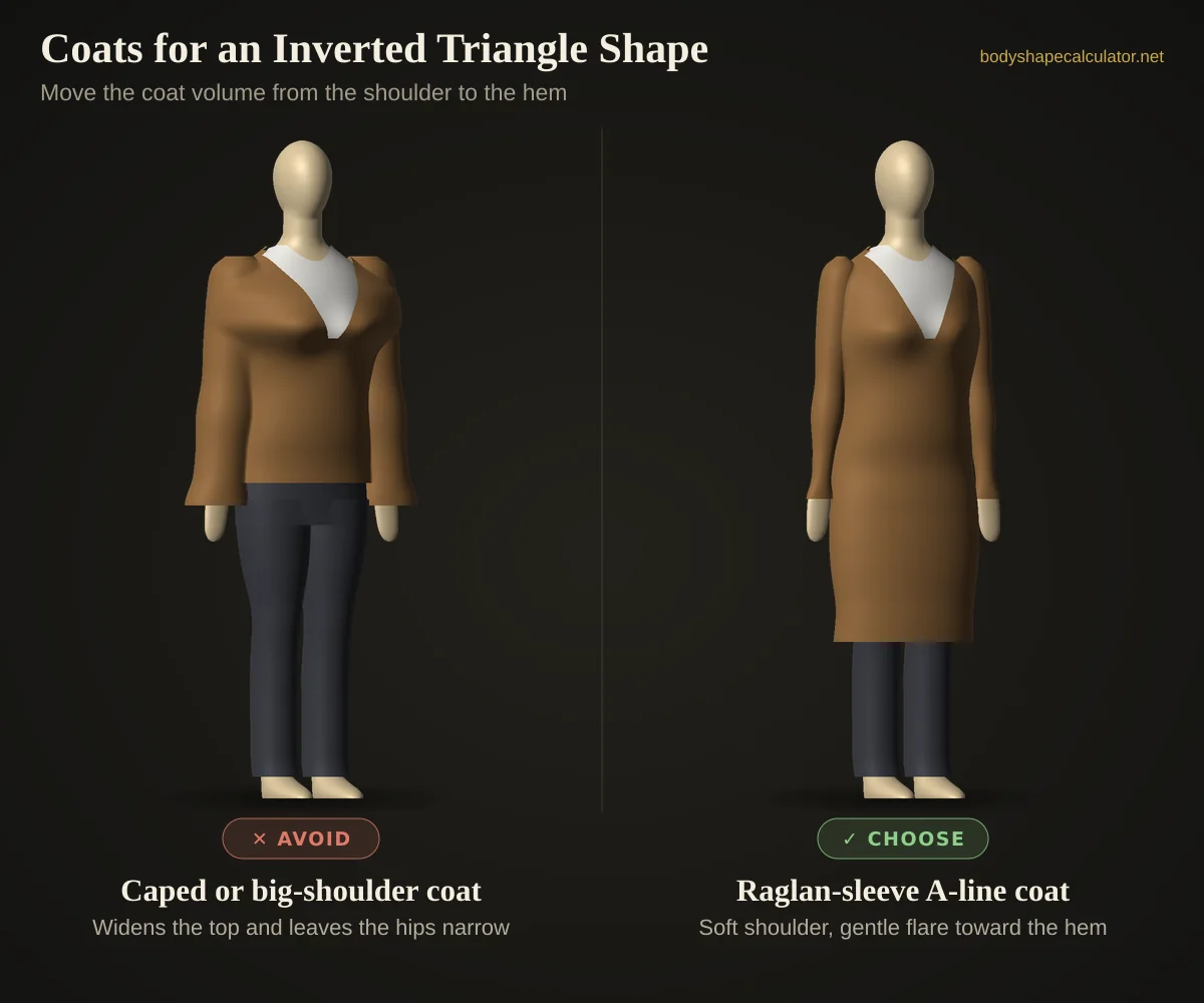 3D comparison of coats on an inverted triangle body shape — avoid: caped or big-shoulder coat (widens the top and leaves the hips narrow); choose: raglan-sleeve a-line coat (soft shoulder, gentle flare toward the hem)