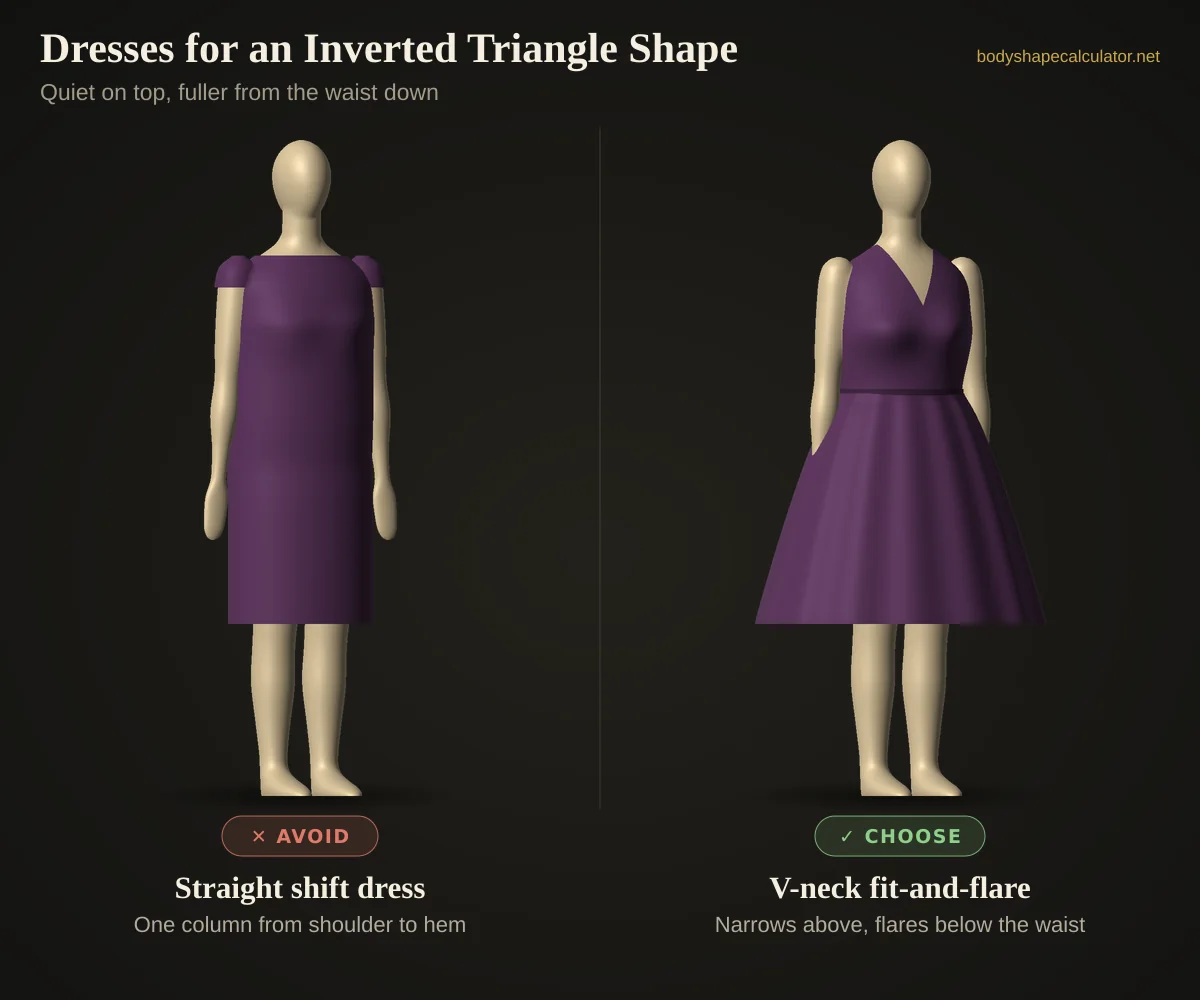 3D comparison of dresses on an inverted triangle body shape — avoid: straight shift dress (one column from shoulder to hem); choose: v-neck fit-and-flare (narrows above, flares below the waist)
