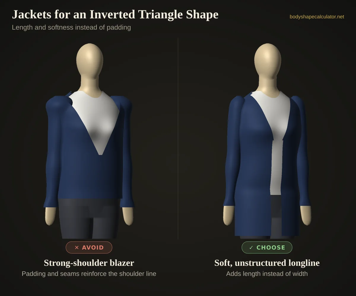 3D comparison of jackets on an inverted triangle body shape — avoid: strong-shoulder blazer (padding and seams reinforce the shoulder line); choose: soft, unstructured longline (adds length instead of width)