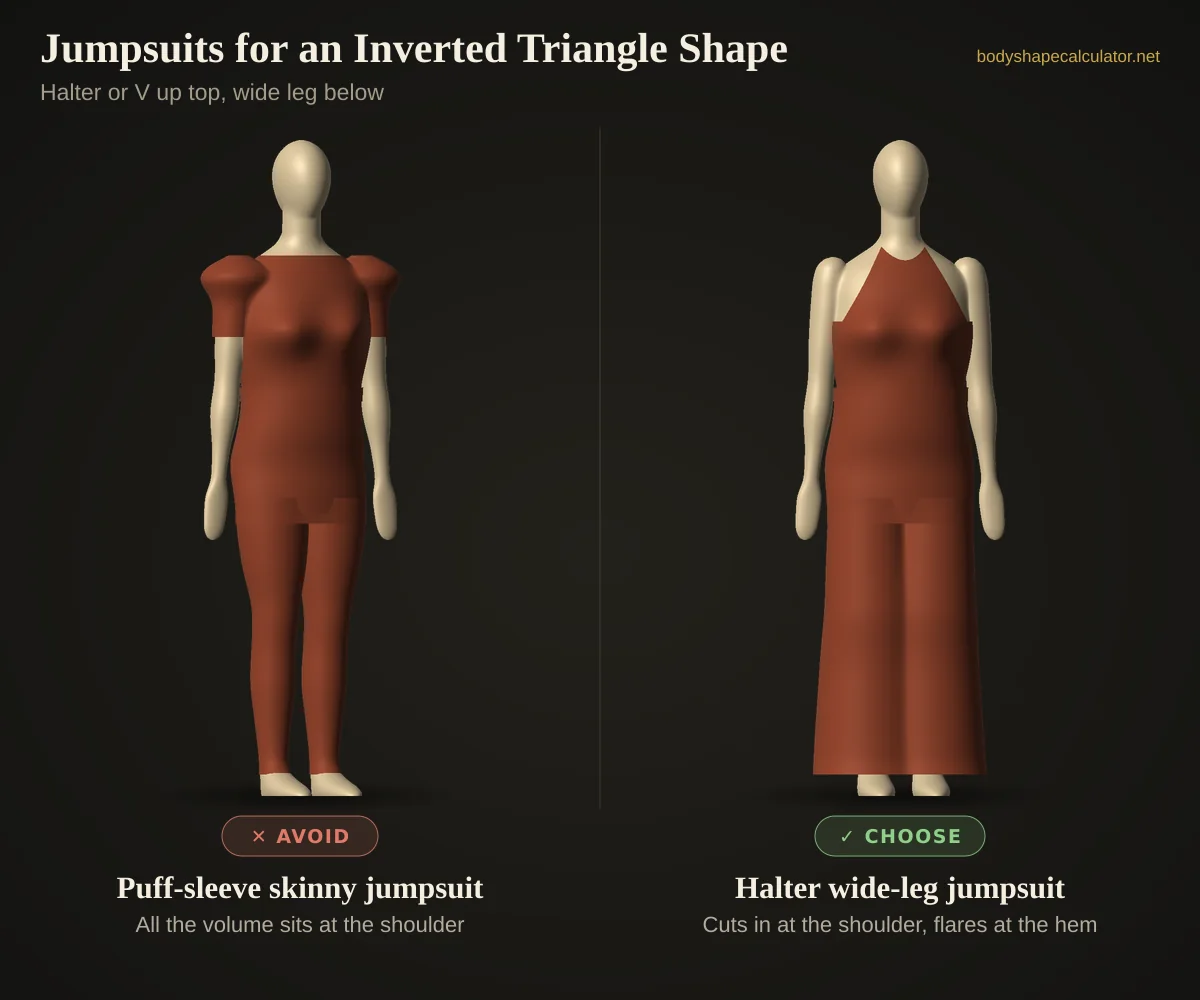 3D comparison of jumpsuits on an inverted triangle body shape — avoid: puff-sleeve skinny jumpsuit (all the volume sits at the shoulder); choose: halter wide-leg jumpsuit (cuts in at the shoulder, flares at the hem)
