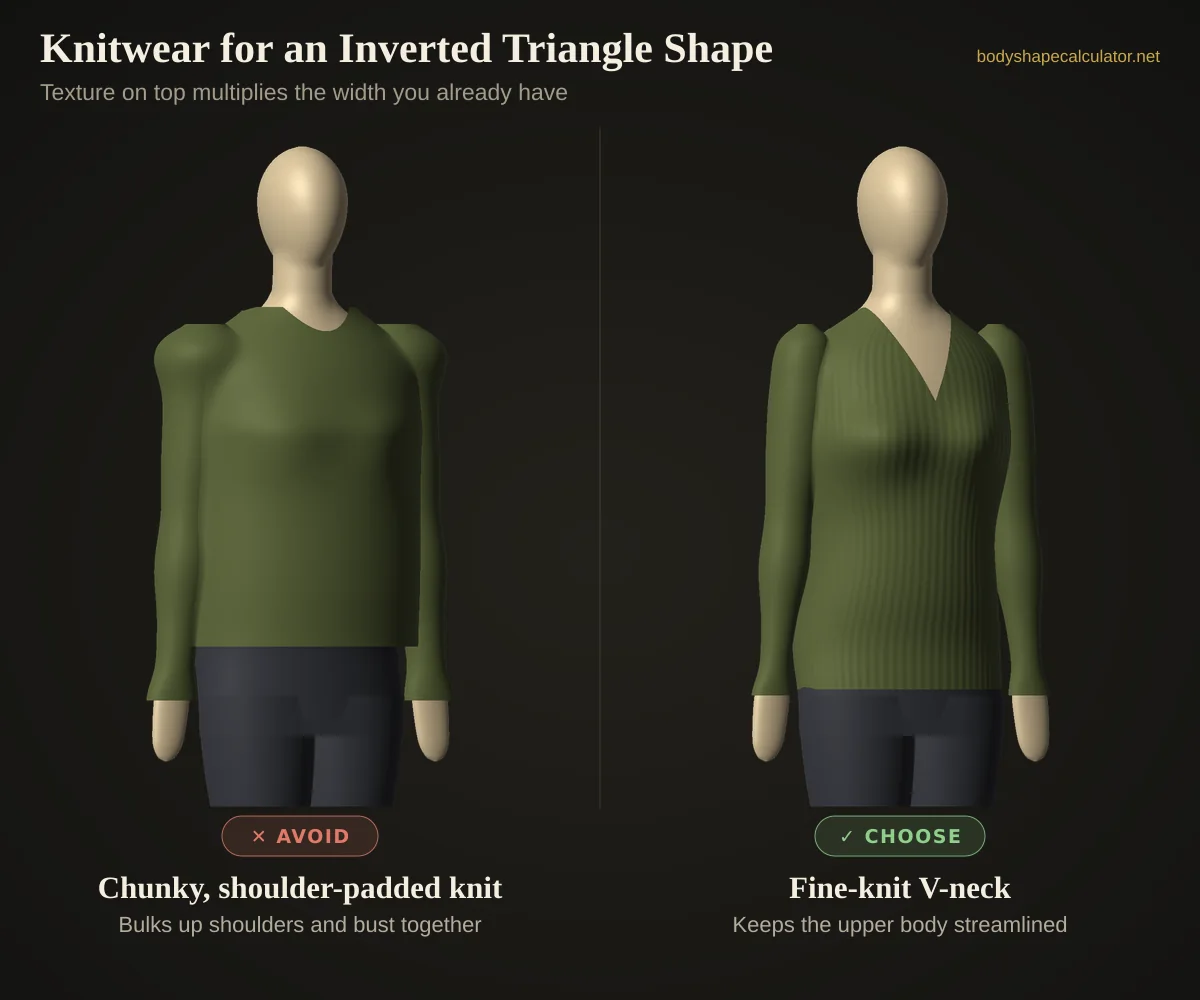 3D comparison of knitwear on an inverted triangle body shape — avoid: chunky, shoulder-padded knit (bulks up shoulders and bust together); choose: fine-knit v-neck (keeps the upper body streamlined)