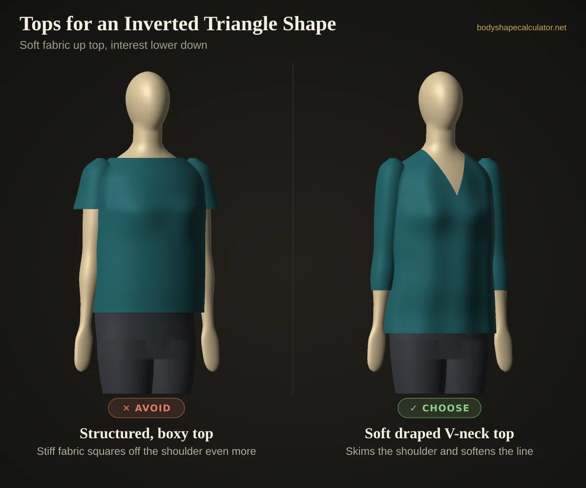 3D comparison of tops on an inverted triangle body shape — avoid: structured, boxy top (stiff fabric squares off the shoulder even more); choose: soft draped v-neck top (skims the shoulder and softens the line)