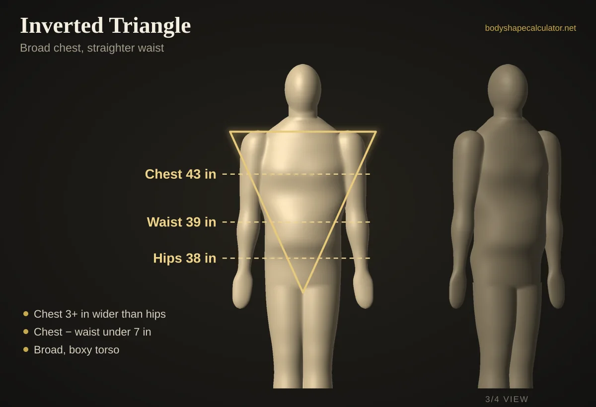 3D male inverted triangle body shape with 43 in chest, 39 in waist and 38 in hips, traced by a downward-pointing triangle