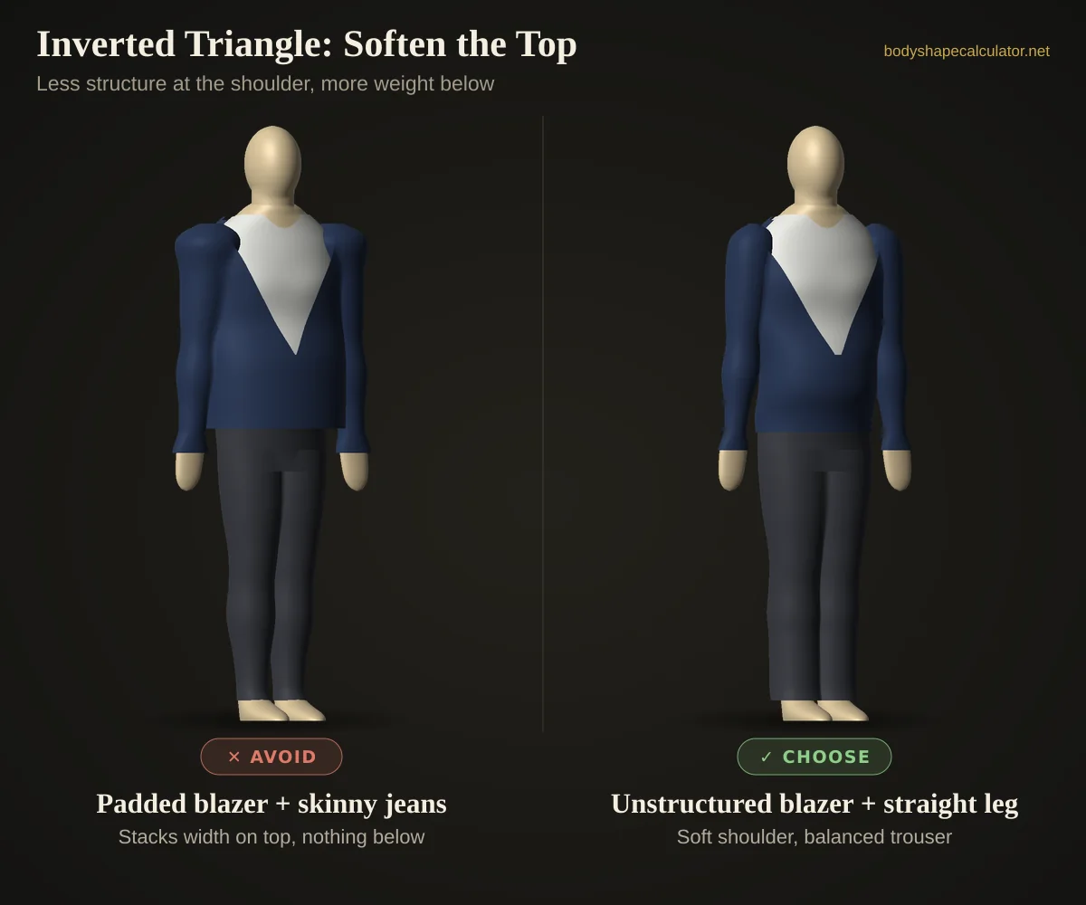 3D styling comparison for a male inverted triangle build — avoid: padded blazer with skinny jeans; choose: unstructured blazer with straight-leg trousers