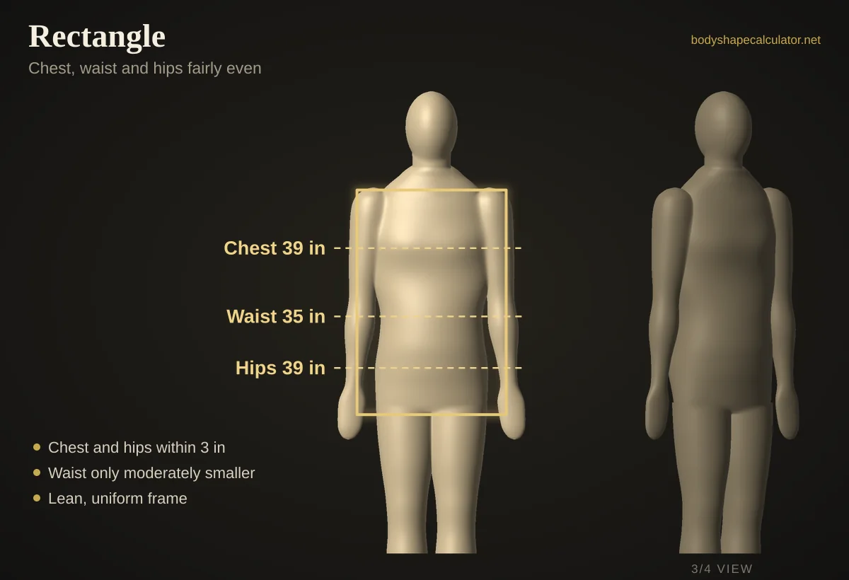 3D male rectangle body shape with 39 in chest, 35 in waist and 39 in hips, traced by a rectangle outline
