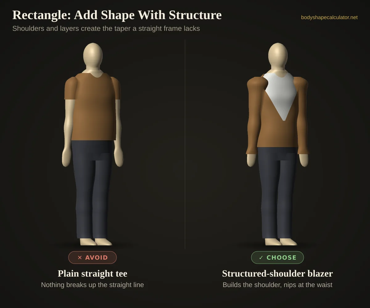 3D styling comparison for a male rectangle build — avoid: plain straight tee; choose: structured-shoulder blazer