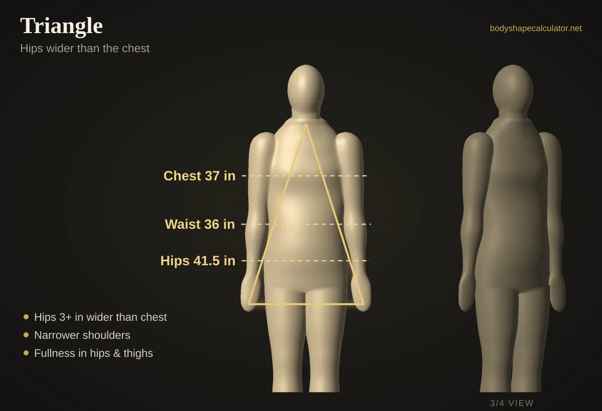 3D male triangle body shape with 37 in chest, 36 in waist and 41.5 in hips, traced by an upward-pointing triangle