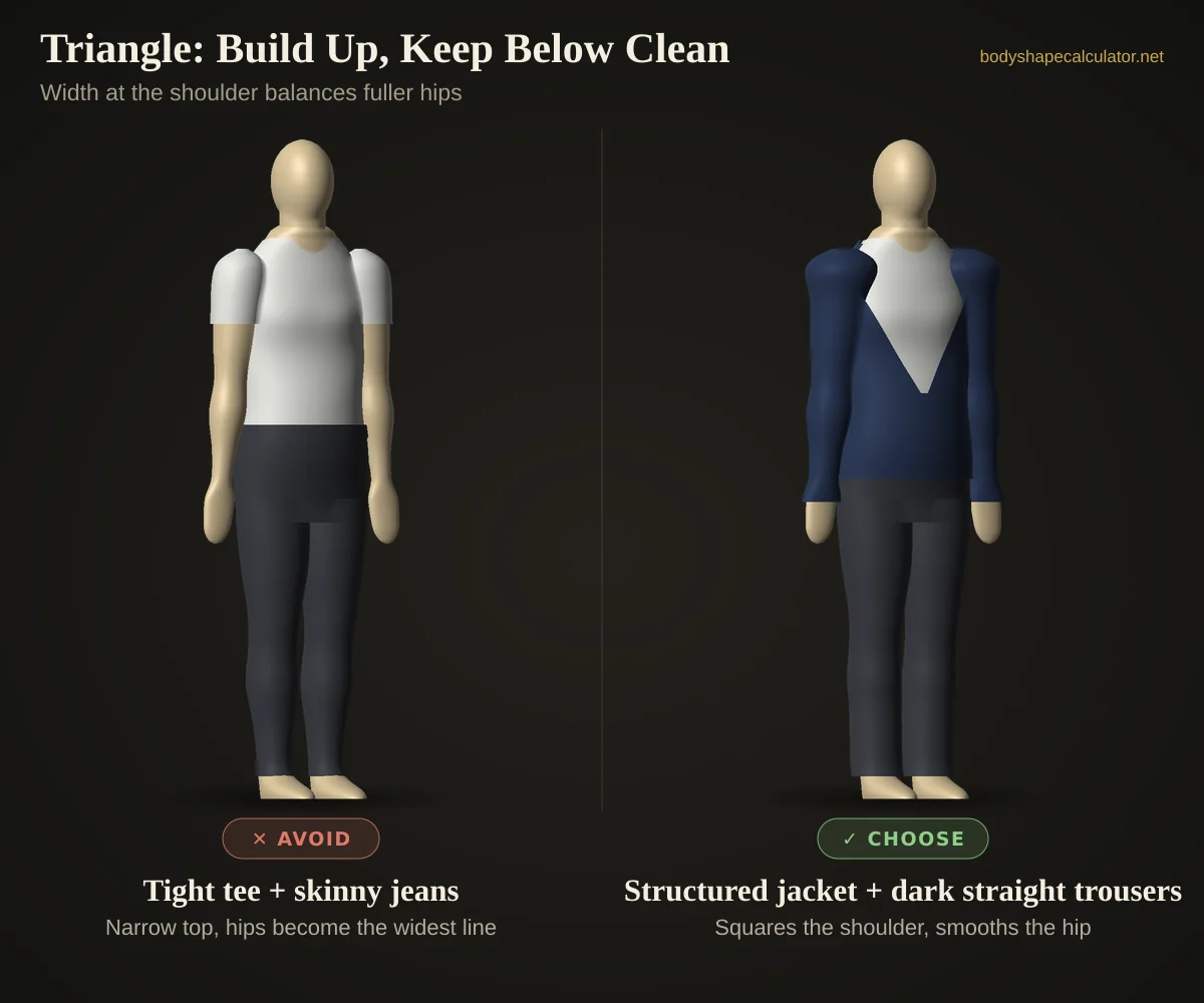 3D styling comparison for a male triangle build — avoid: tight tee with skinny jeans; choose: structured jacket with dark straight trousers