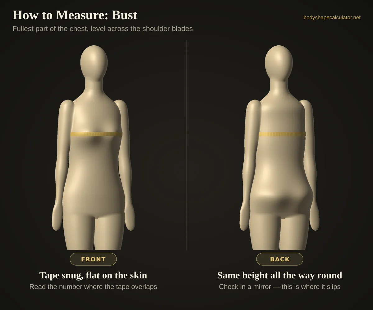 3D model showing a tape measure around the fullest part of the bust, from the front and from the back, level all the way round