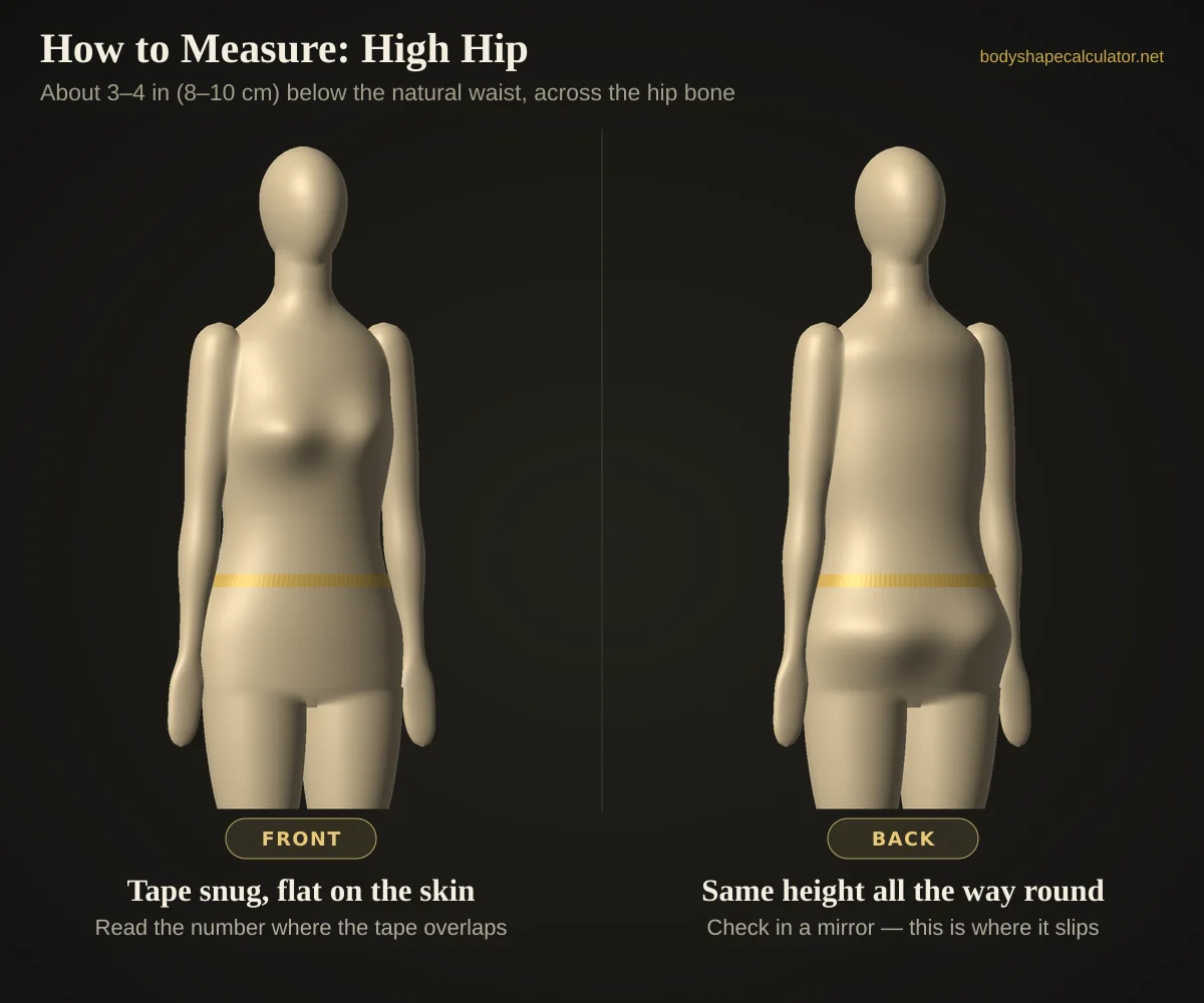 3D model showing a tape measure at the high hip, about 3 to 4 inches below the natural waist, from the front and from the back