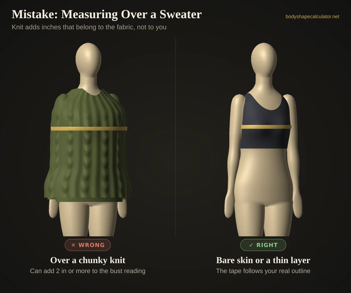 3D comparison of a bust measurement taken over a chunky knit sweater versus over a thin fitted layer