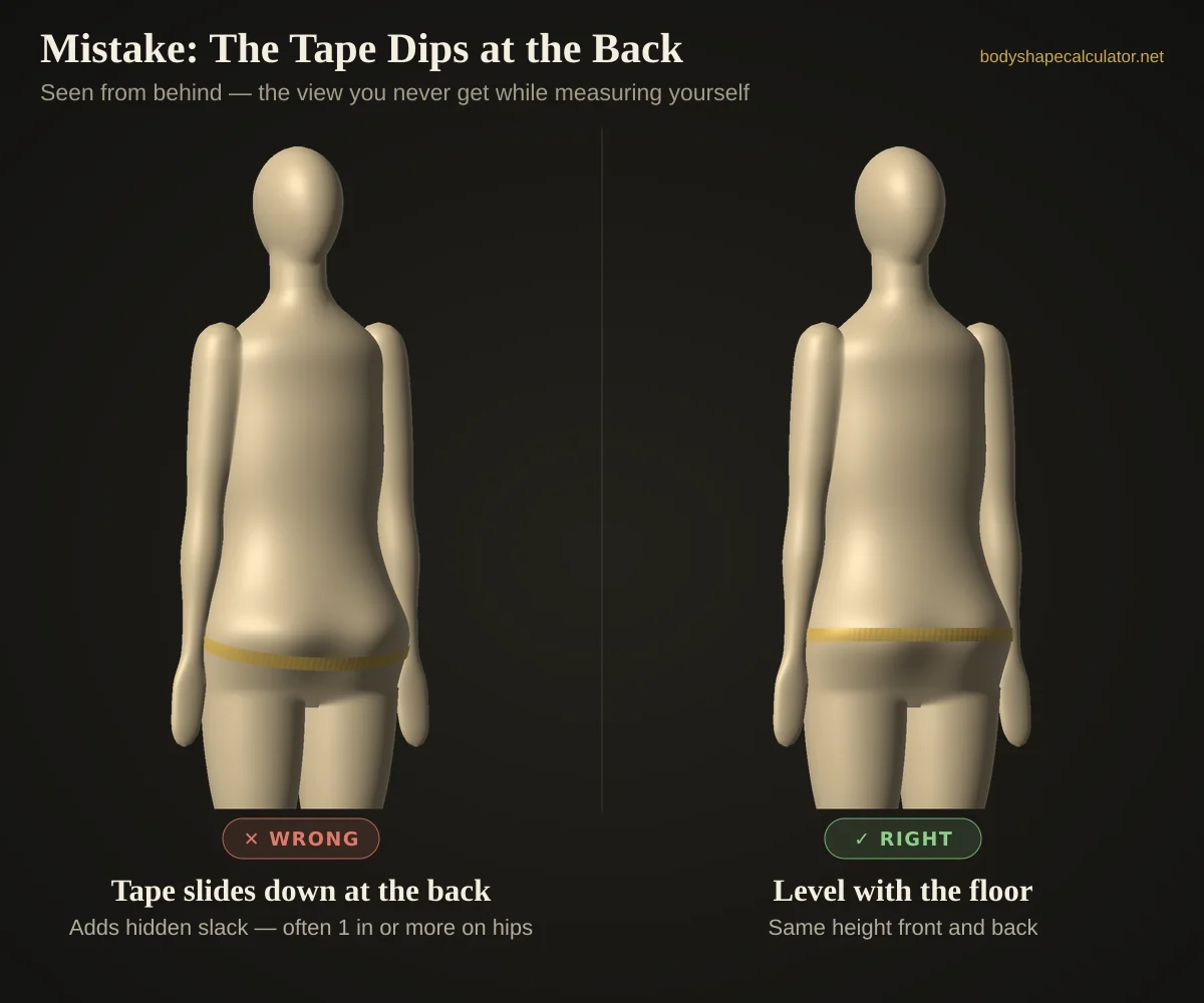 3D back view comparing a hip tape measure that slides down at the back with one kept level with the floor