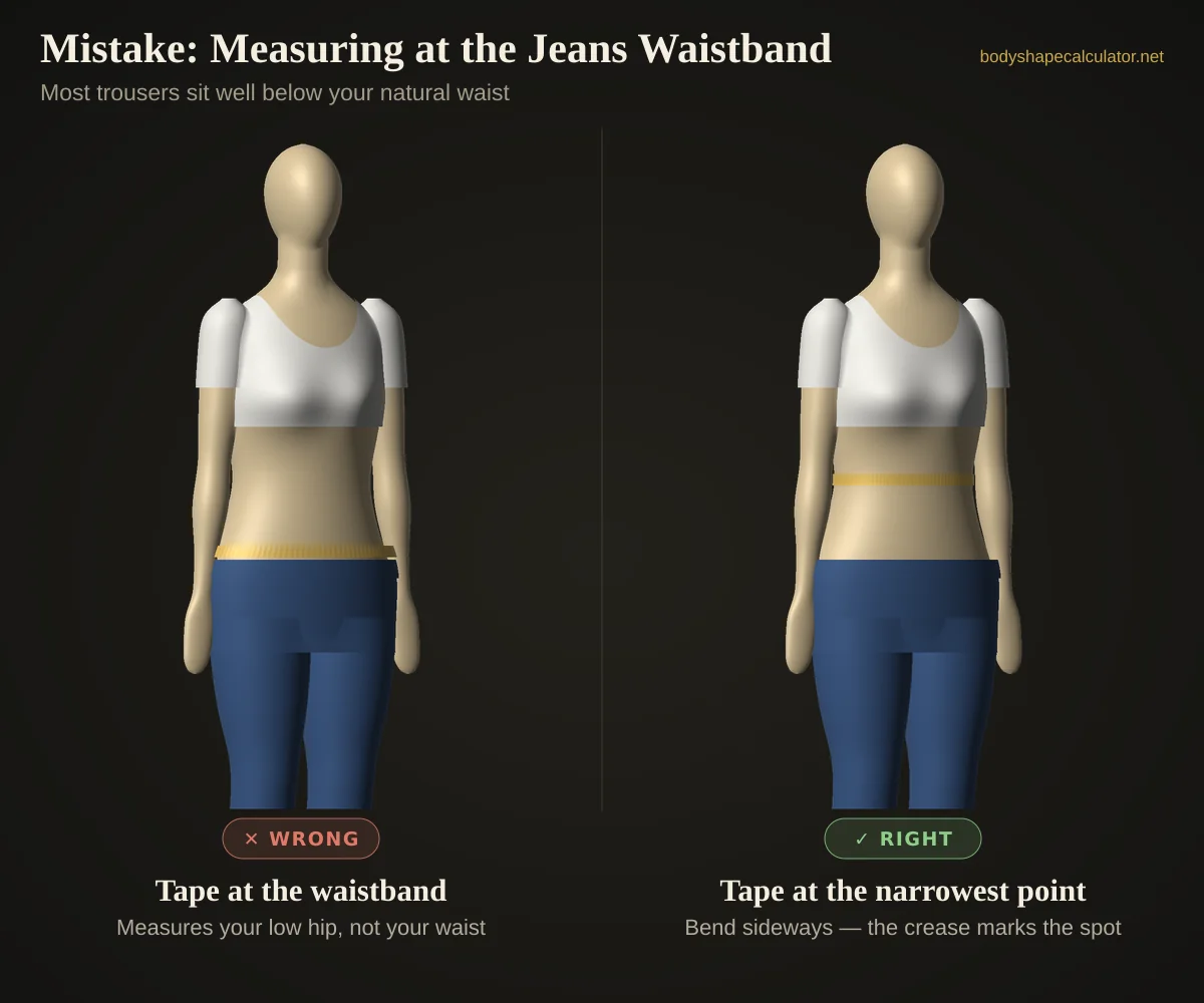 3D comparison of a tape measure placed at a low jeans waistband versus at the natural waist, the narrowest point of the torso