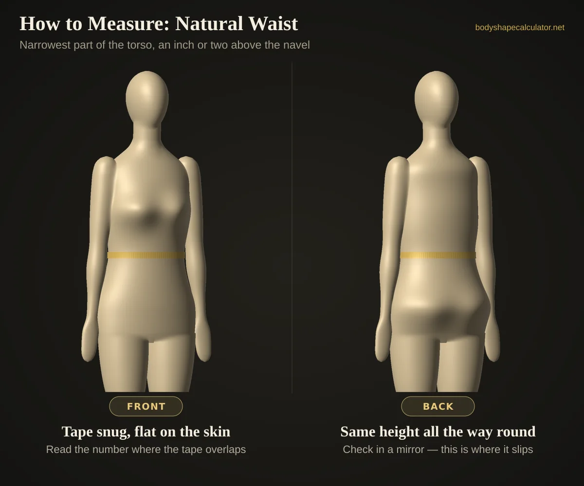 3D model showing a tape measure at the natural waist, the narrowest part of the torso, from the front and from the back